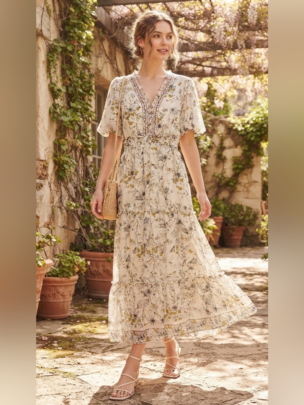 Max Studio Cream Floral Maxi Dress with Green Accents